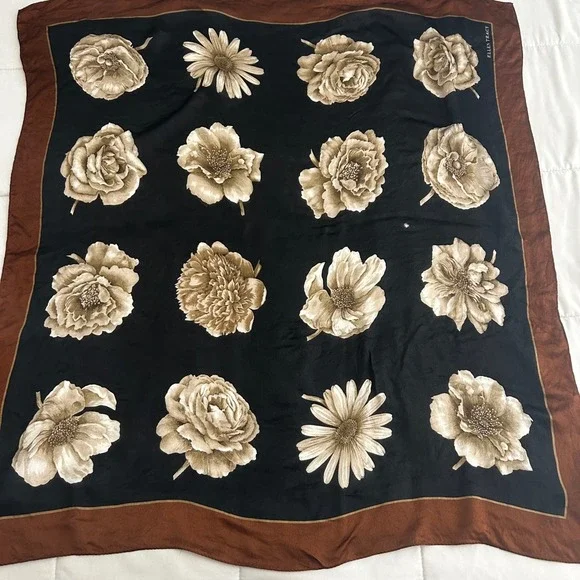 Ellen Tracy Silk Scarf Black Brown Floral Rose Print Square Large 32in Old Money