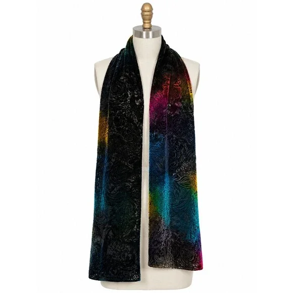 Vintage Chico's Velvet Burnout Scarf Rainbow Colorful Silk Blend Floral Print