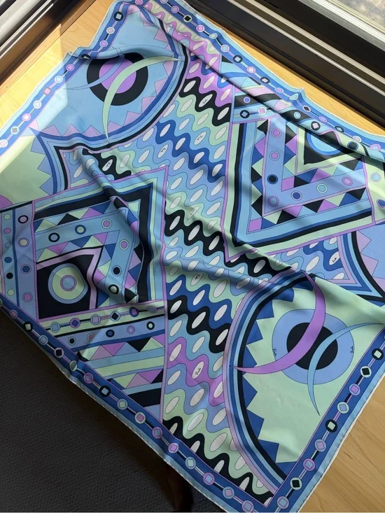 Emilio Pucci Vivara 70s Silk Geometric Pattern Scarf in Blue and Lavender 34x34”