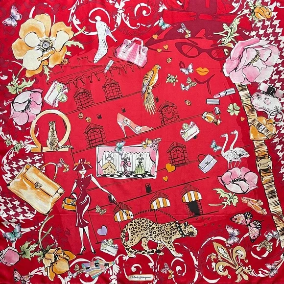 New Salvatore Ferragamo Scarf Icons Red Multicolor Silk Wrap