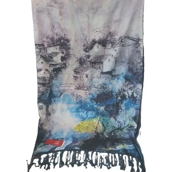 Story of Shanghai 100% Silk Scarf NWT Large Blue Floral Landscape Print Shawl