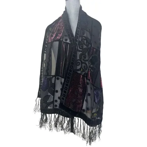 Vtg Silk Devore Burnout Velvet Fringed Shawl Scarf Art Nouveau Floral Boho