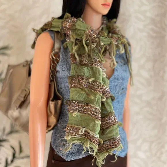 Vintage 90s Y2K Scala Collezione Textured Fringe Scarf Olive‎ Green Boho Crinkle