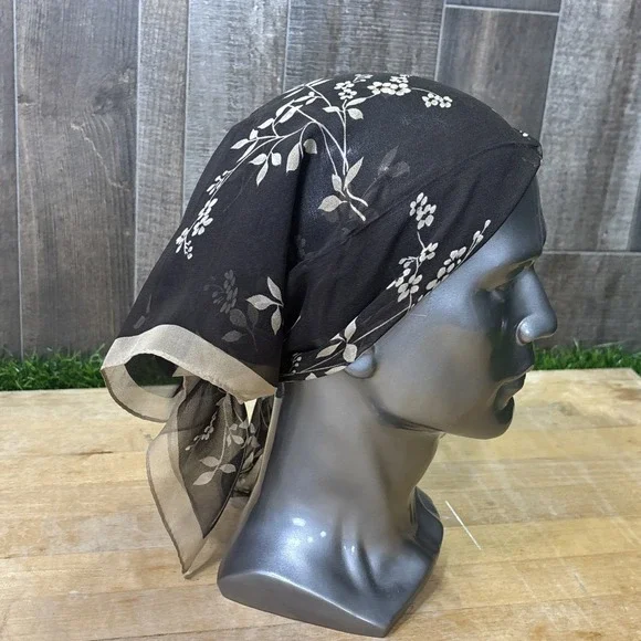 Vintage Casual Corner 100% Silk Head Scarf Floral Sheer Brown Hair Wrap