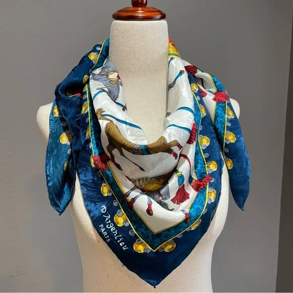 RARE D’Argenlieu Paris Equestrian 100% Silk Scarf Sq 34x34 English Countryside