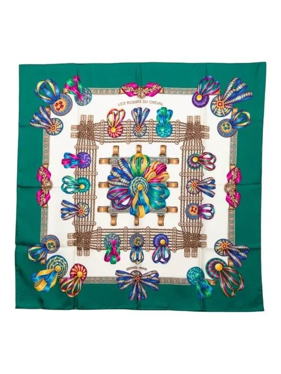 Hermes Carre 90 Les Rubans du Cheval Horse Ribbon Decoration Scarf Large Green