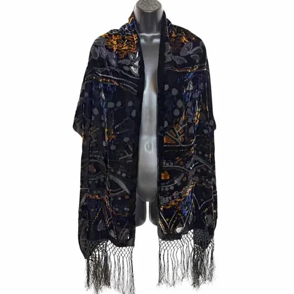 VTG Silk Blend Velvet Burnout Scarf Wrap Shawl Black Gold Blue Fringe Whimsygoth