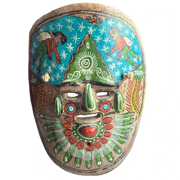 Vintage Peruvian Folk Art Hand Painted‎ Clay Mask Wall Decor