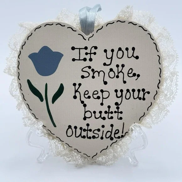 Vintage 80's 90's Wood Blue Country Heart NO SMOKING Funny Wall Decor Flower