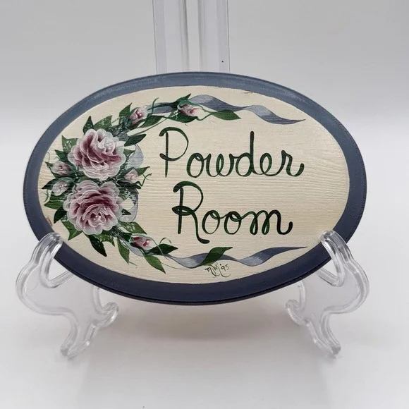 Vintage 80's Blue Country Bathroom Sign Hand Painted Floral Cottage Granny Core