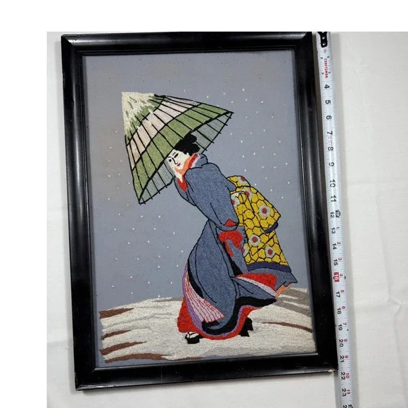 Vintage Asian Japanese Hand Geisha Wall Art Crewel Kimono & Wagasa *see pics**