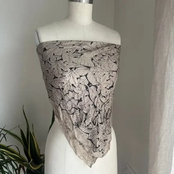 Foliage Symphony Scarf Beige Black Silk Leaf Print Nature Top Neutral Boho