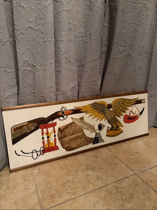 Rustic Patriotic Eagle and Rifle Wall Art - Gold, Brown, Red Vintage Gravel MCM