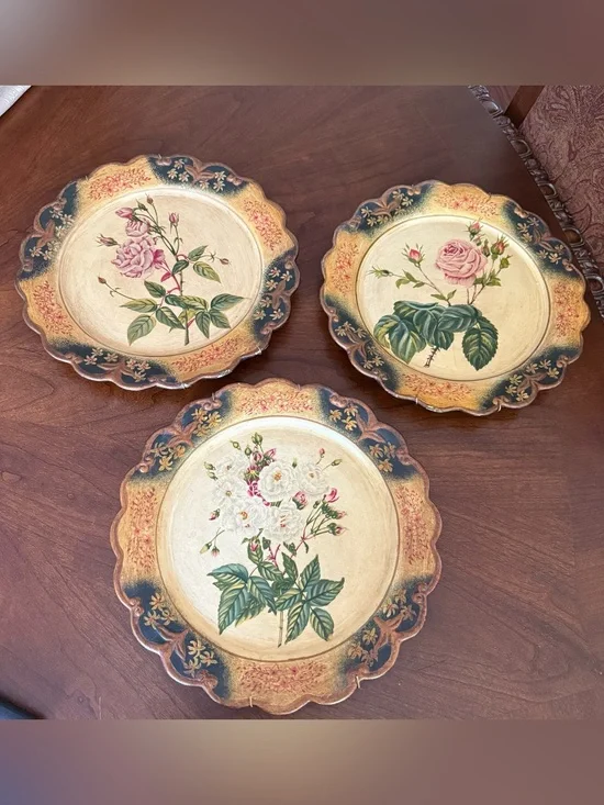 3 VTG Victorian-Style Hand Painted Scalloped 12” Plates Wall Hanging Roses
