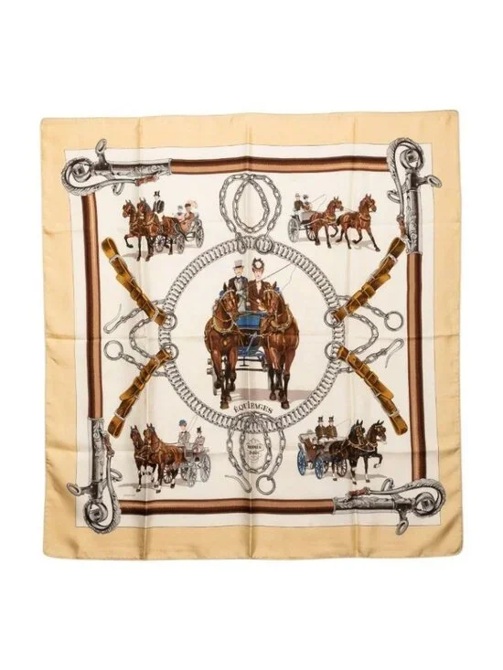 Hermes Carre 90 Equipages Carriage Scarf Large Beige Multicolor Silk