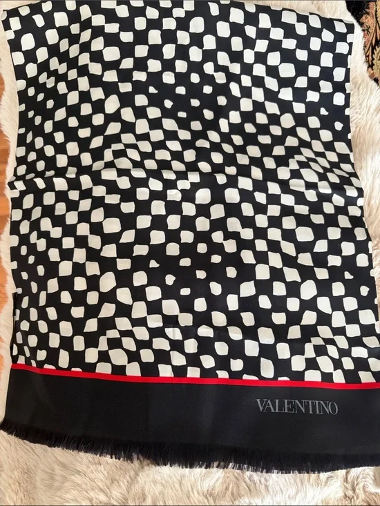 Valentino Black White Graphic Dot Silk Scarf with Red Trim