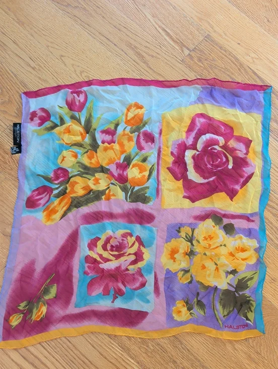 Halston Heritage Floral Silk Scarf in Pink, Turquoise & Yellow