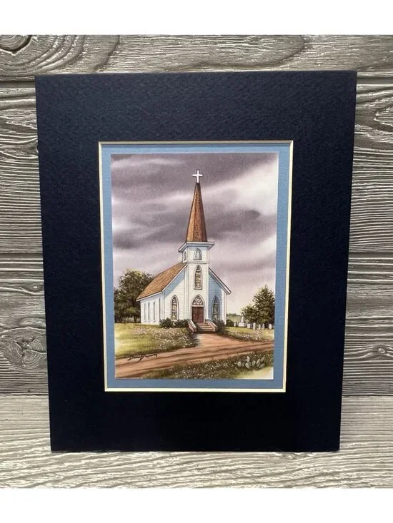 Vintage Old White Church Art Print Matted Ready to Frame 8” X 10”  Dan Brown