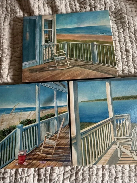 Coastal Porch Wall Art Set - Blue and Cream Seascape Prints