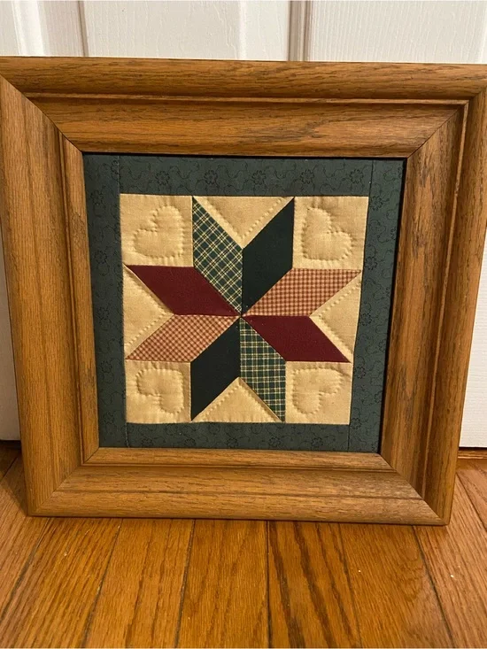 Star Quilt Block Wall Art in Burgundy, Navy & Tan.
