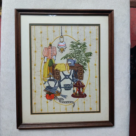 Vintage Victorian Sewing Room Dressmaker Crewel Embroidery Finished Framed 18x15