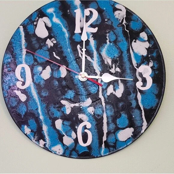 Hand Crafted Abstract Hanging Wall Clock Analog  Vinyl Record Fluid Art Decor