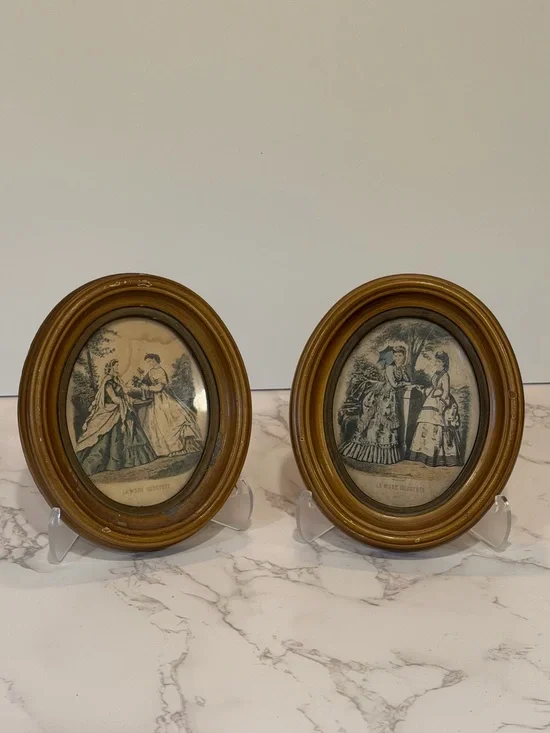 Antique French Fashion Prints in Oval Wood Frames La Mode Illustrée 6” Set of 2