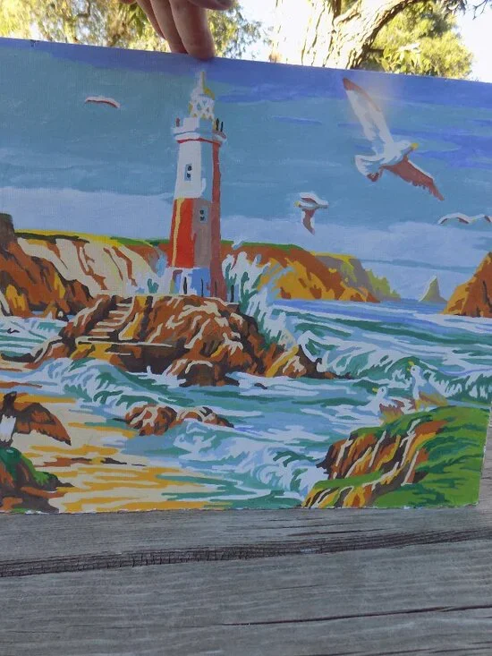 PAINTING Lighthouse Ocean Eagle Rocks, Seagulls, Vintage Home Decor *