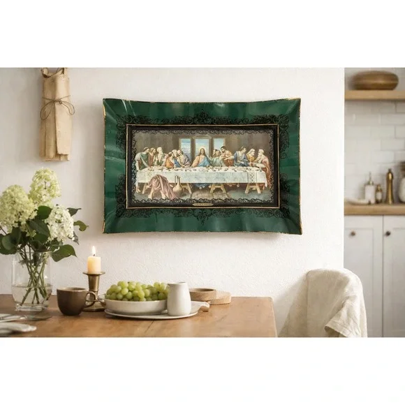 Vintage Last Supper‎ Serving Tray Wall Hanging 19x13 Green Gold MCM Decor