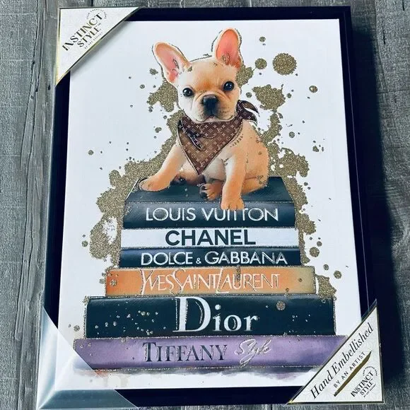 Frenchie Dog Luxury Designer Books Framed Canvas Wall Art Decor