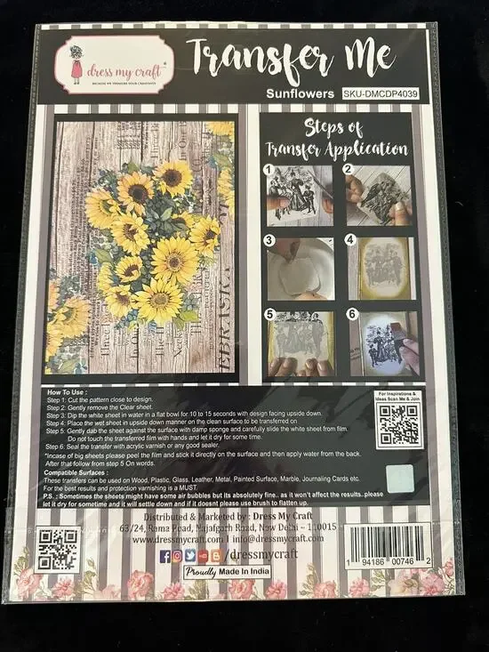 New Sealed Dress My Craft Transfer Me Sunflowers Floral Dip In Water Wood Script
