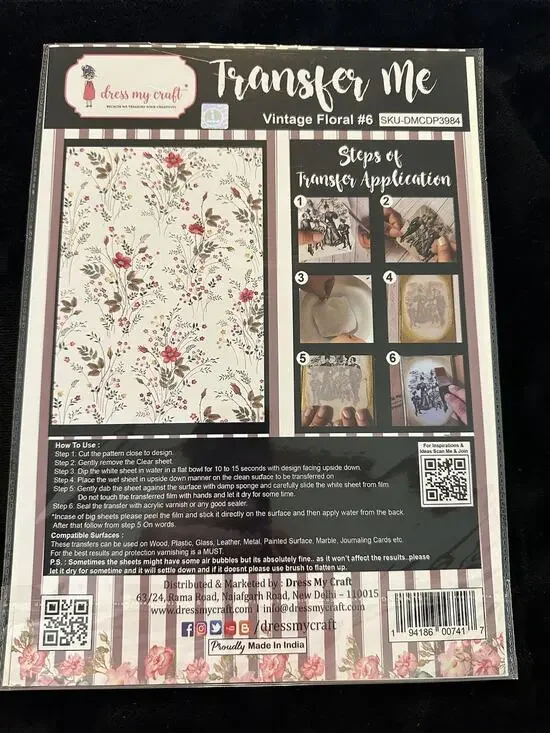 New Sealed Dress My Craft Transfer Me Vintage Floral #6 Flower Floral Dip In H2O