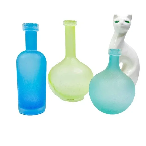 *(Note) West Elm Modern Decanters Set (3) no stopper decorative sea glass finish