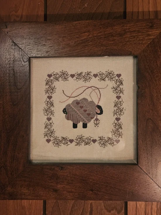 Framed Cross-Stitch Lamb Wall Art in Mauve and Cream 12.5x12.5