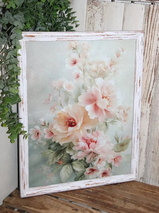 Gorgeous Shabby Chic French Floral Wall Decor Picture in Distressed White Frame