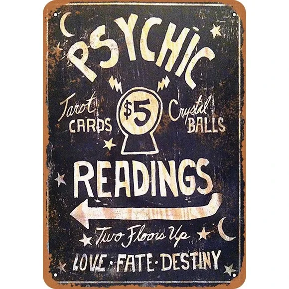 Psychic Readings $5 Tarot Cards Crystal Balls - Metal Sign Black Vintage Tin Art