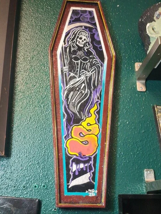 Hand Painted She-Reaper And Candle Painted Coffin