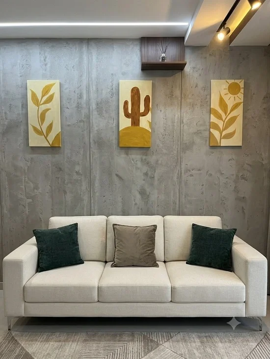 Neutral Beige Canvas Wall Art Set with Mustard Accents - Brand: