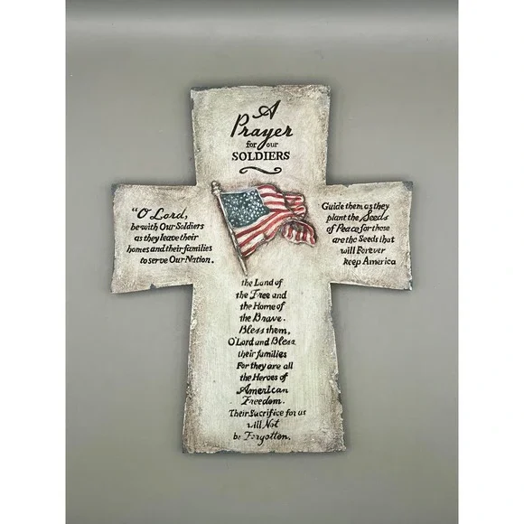 Patriotic Prayer for our Soldiers Wall Cross Plaque American Flag Decor 10x7.5