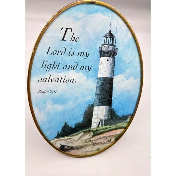 Lighthouse Art Glass Sun Catcher Framed Hanging Oval Psalm 27:1 Print‎