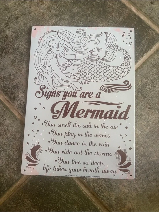 Mermaid Wall Sign - Pink and White Metal Plaque