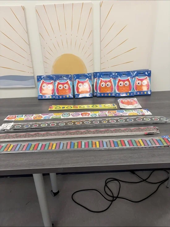 Teacher Bundle Colorful Owl cut outs  and Border Trim Set