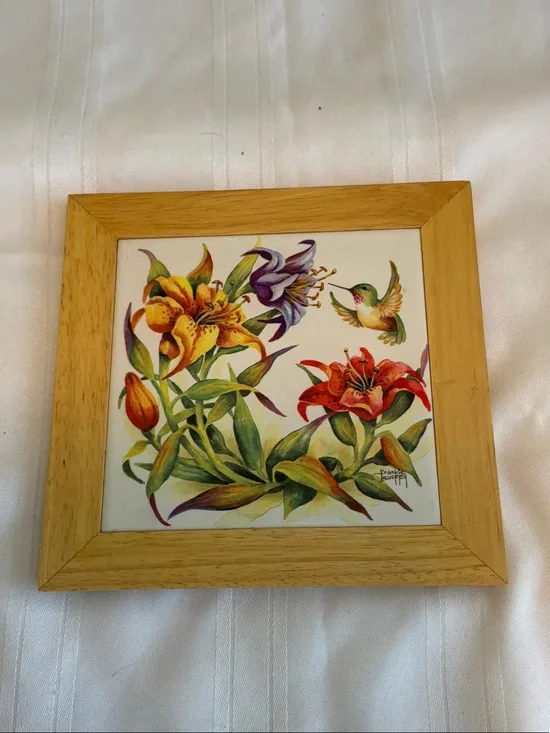 Floral Hummingbird Wall Art Tile in Natural Wood Frame 8”x 8” by Frankie Buckley