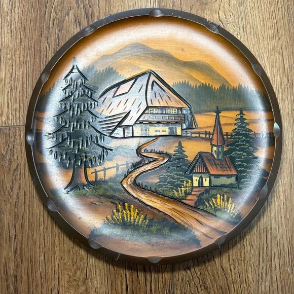 Vintage 1980 Hand Carved Wood‎ Wall Plate Alpine Mountain Chalet Scene 11.5
