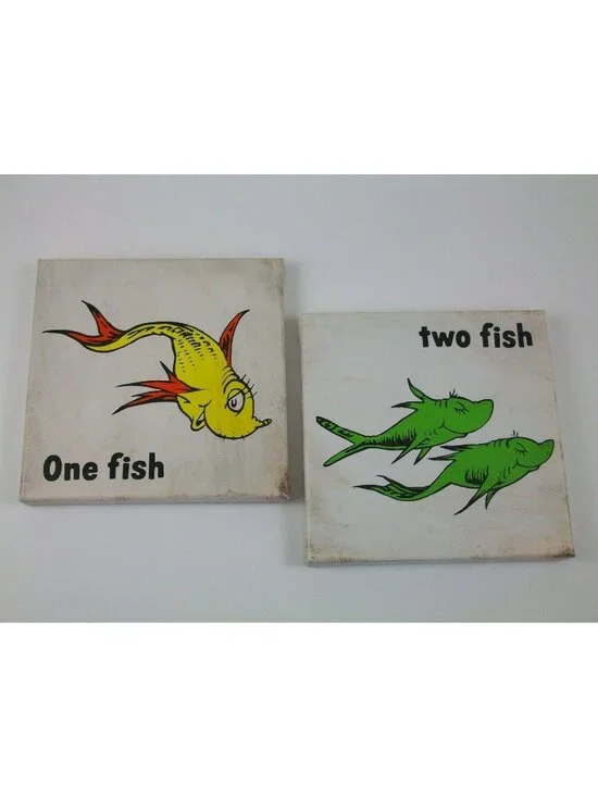 Dr Seuss 8X8 Canvas Wall Art Set One Fish Two Print Nursery Rhyme Yellow Green