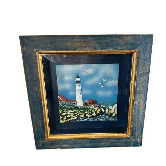 Lighthouse‎ 3D Framed Wall Art 12x12 Blue Gold Coastal Nautical