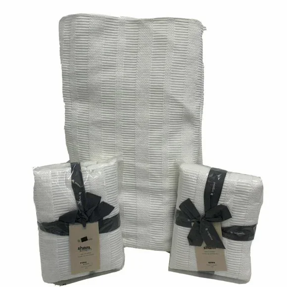 West Elm Dobby Ladder Stripe White Duvet Cover/EURO Shams (2) Queen Full -White