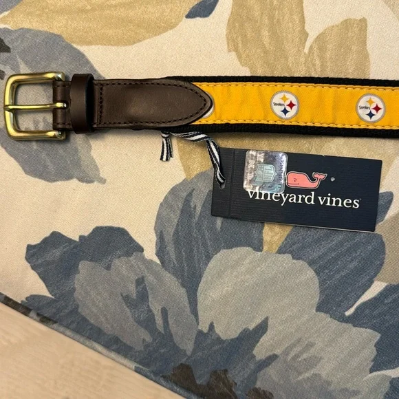 Vineyard Vines Yellow Ribbon Leather-Trim Belt with Team Medallions