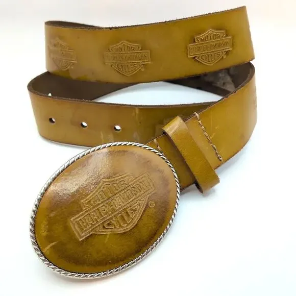 VTG Harley Davidson Motorcycles Tan Leather Logo Belt Oval Buckle 32.5in-36.5in