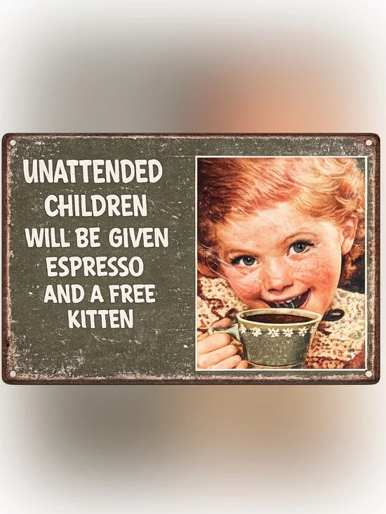 NEW Unattended Children Will Be Given Espresso Metal Sign